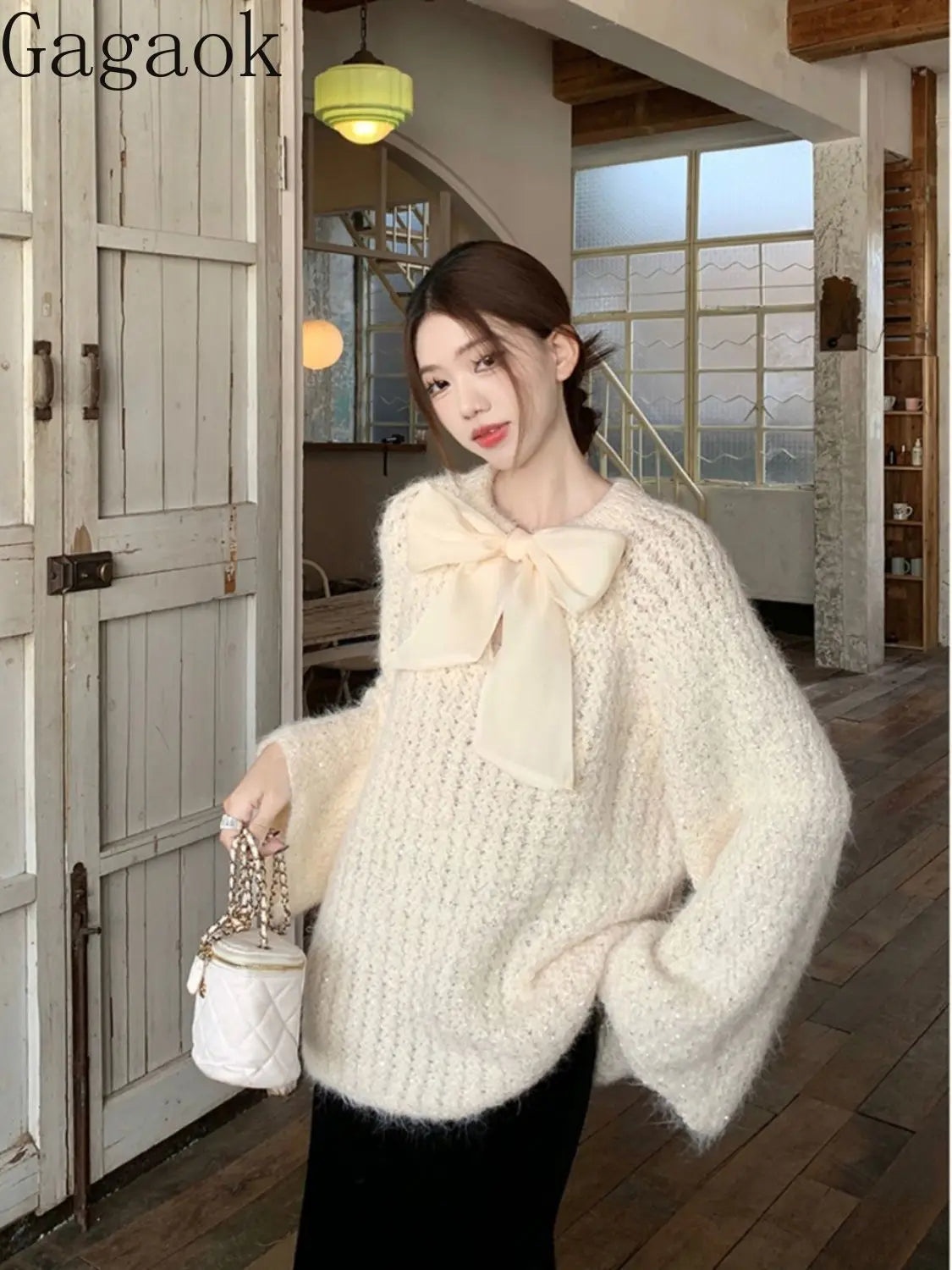 Sweater Women Sweet Bow Round Neck Casual Knitted Sweaters Korean Fashion Gentle Solid Color Casual Long Sleeve Top