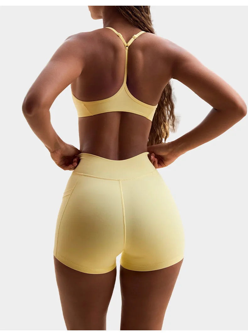 Women's Yoga Suit High Elasticity Naked Breathable Elastic Cross Waist Shorts Hanging Neck Bra Beautiful Back Gym Exercise Set