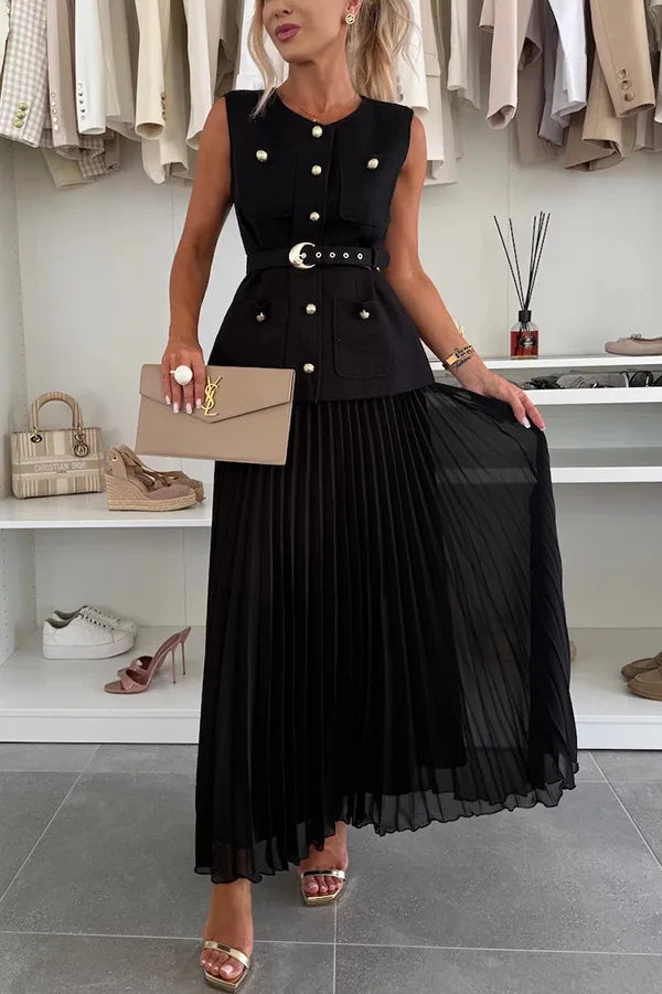 Elegant Long Dresses 2 Piece Set Women Summer Autumn Top Single Breasted Tweed Jacket A Line Chiffon Maxi Skirts Suits Outfits