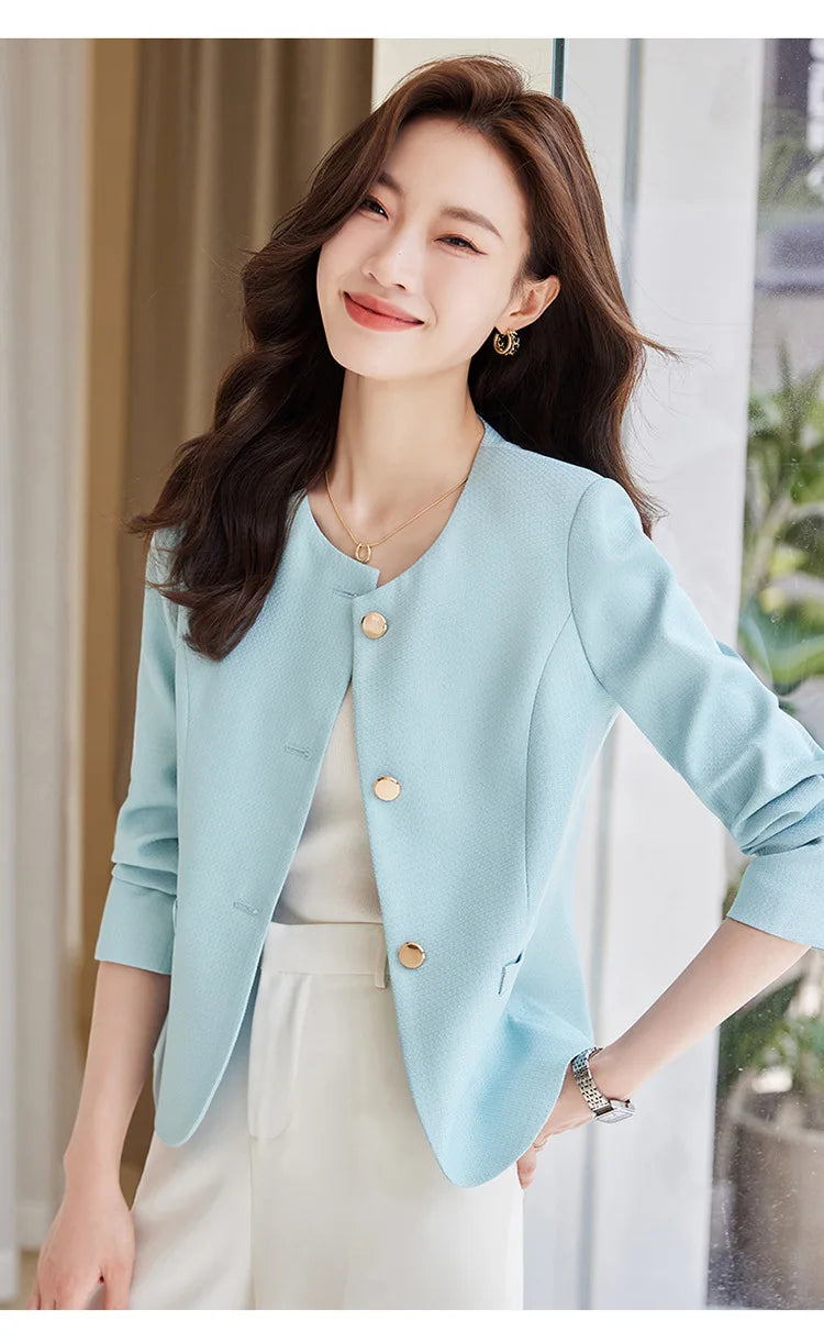 High quality blazer for women short jacket single breasted O neck spring autumn elegant office clothes pink yellow blue white