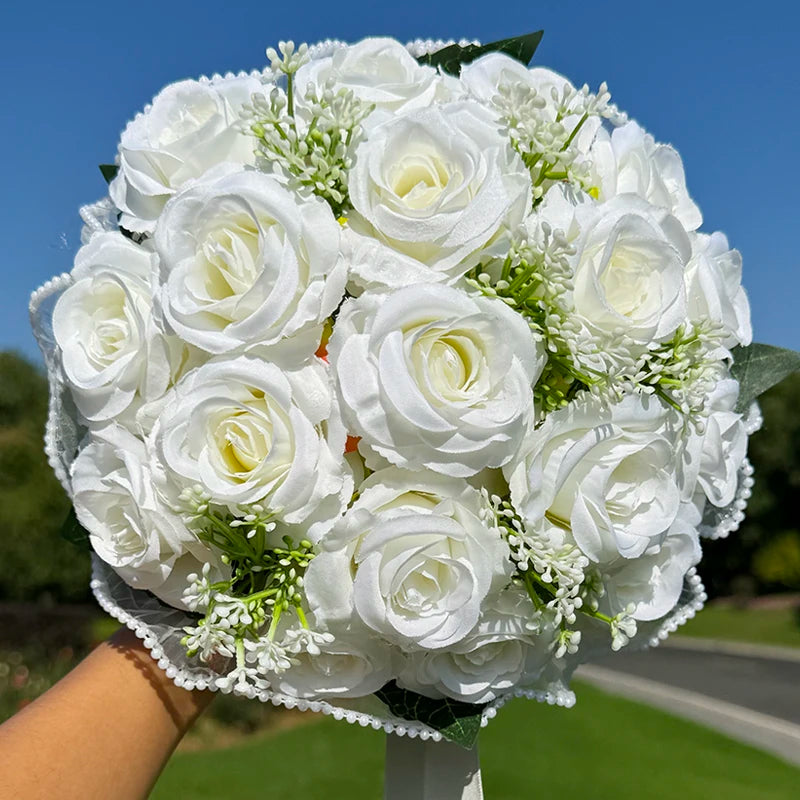 Wedding Bouquets for Bride Babysbreath Rose Bridesmaid Bouquets Silk Ribbon Valentine's Day Decoration Pearl Lace Mesh Ball Gift