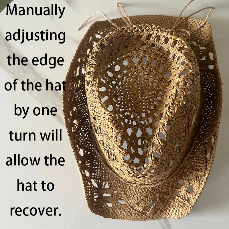 Straw Western Cowboy Hat for Women Men Classic Vintage Hollow Out Unisex Curled Wide Brim Sun Hat Fishing Hat Climbing Cap