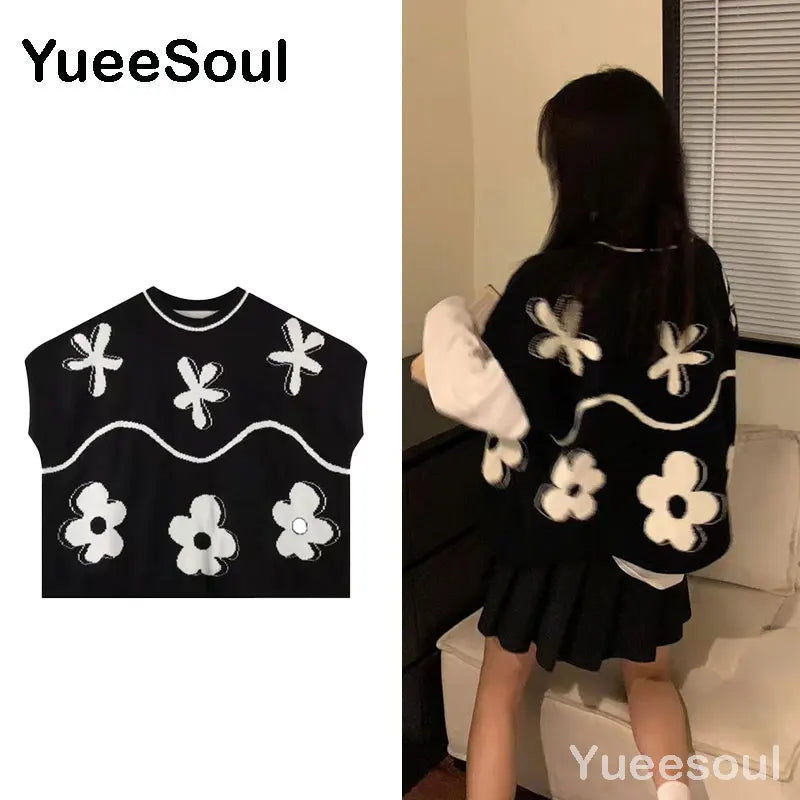 Sweet Kawaii Sweater Vest Printed Sleeveless Casual Outerwear Knitted Waistcoat 2023 Vintage Y2K Spring  E Girl Pullovers Tops