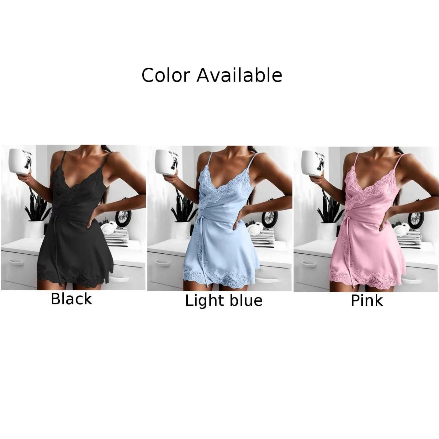 Women\'s Satin Sleepwear Female Backless Nightgown Sexy Lace Nightwear V-Neck Sling Nightdress Solid Color Soft Home Dress