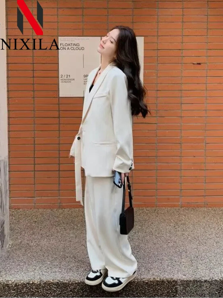 Women's Fashion Office Suit Set Casual Oversized Blazer And Wide Leg Pants Two-Piece Long Sleeve Top Bottoms Combo