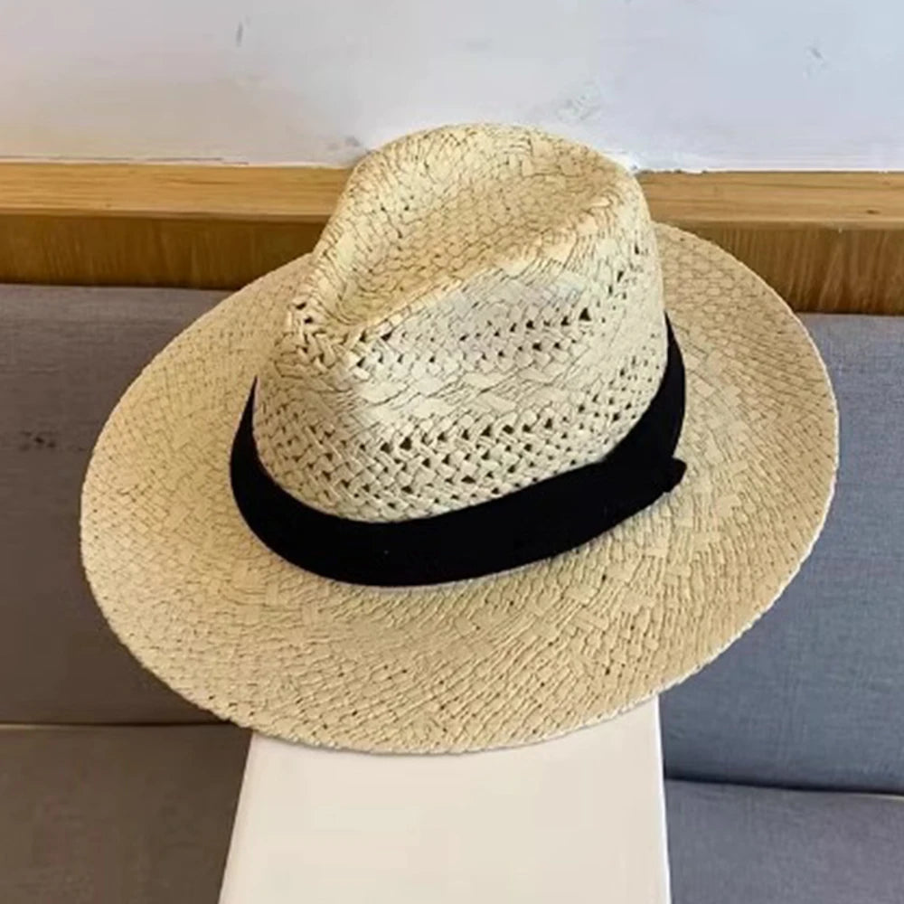 Straw Western Cowboy Hat for Women Men Classic Vintage Hollow Out Unisex Curled Wide Brim Sun Hat Fishing Hat Climbing Cap