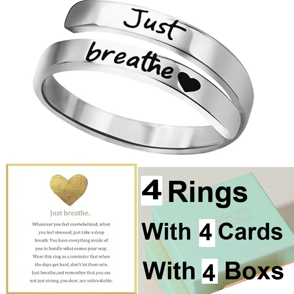 Stainless Steel Ring Just Breathe Ring for Women Men, Spiral Wrap Healing Rings, Inspirational Gifts with Message Card Box