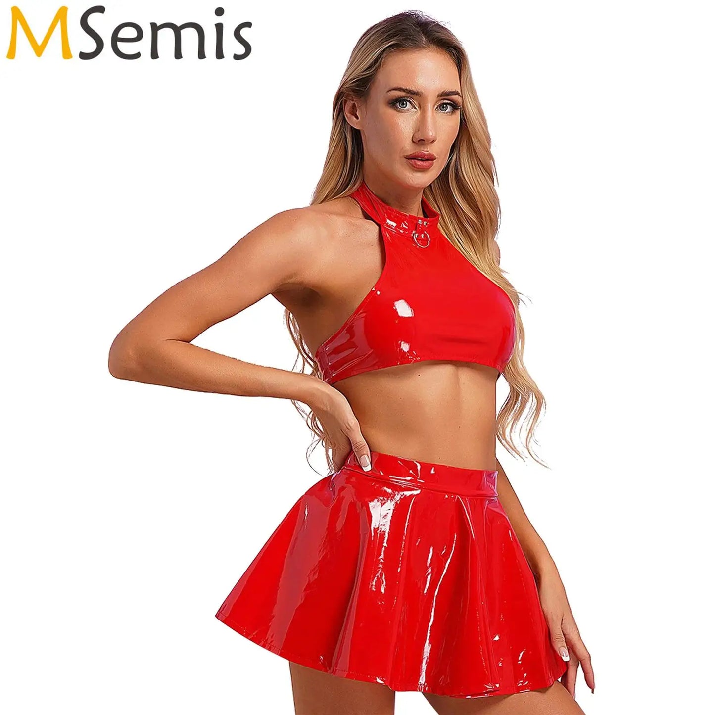 Womens Two Pieces Rave Party Outfits O Ring Halter Vest Tops Backless Patent Leather Crop Top with Invisible Zipper Flared Skirt
