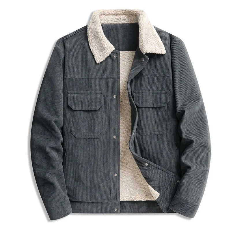 Winter Jackets Men Casual Fleece Warm Turn Down Collar Corduroy Coat Fashion Solid Color Outerwear Coats Daily Mens Clothing
