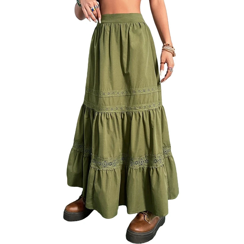 Skirts For Woman Green Pleated Skirts Korean Fashion Holiday Boho Waist Long Skirts Retro Y2K Fairycore Cute Lace Trim Clothes