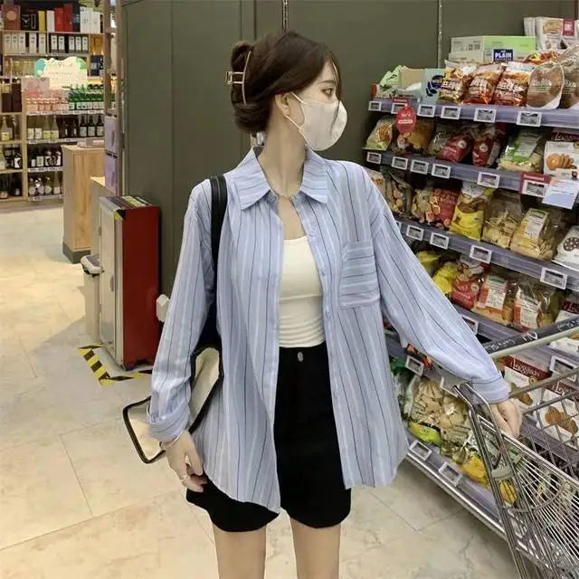 Striped Shirts & Blouses For Women Elegant Chic High Quality Clothing Trend 2025 Pretty Promotion Youth Cool Button Up Woman Top