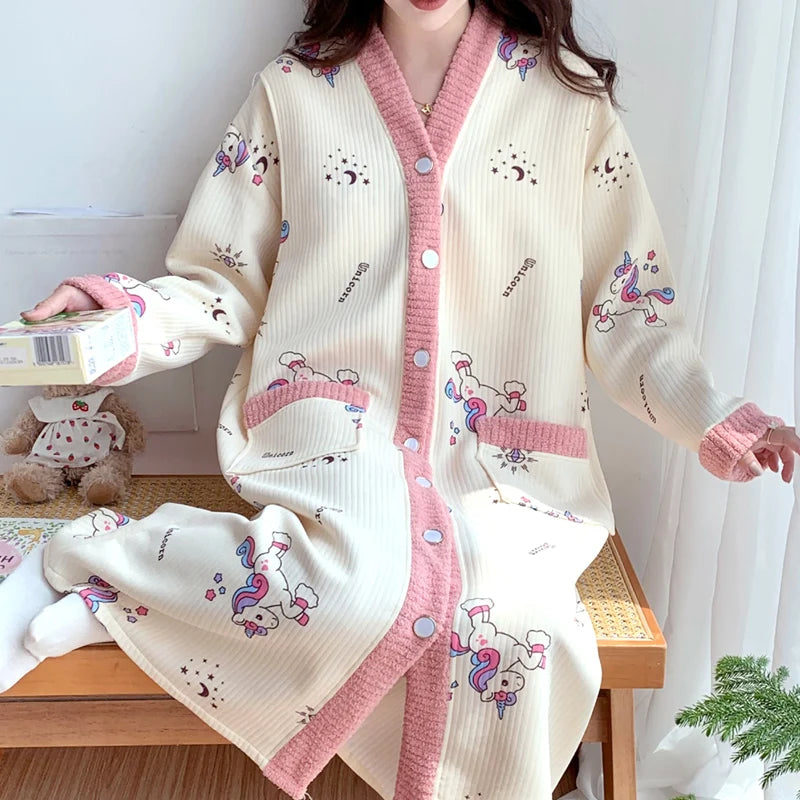 Maternity Sleepwear Nursing Nightwear Long Sleeve Robe Loose Fit Pregnant Women Homewear Winter Comfortable Fleece Nightwear