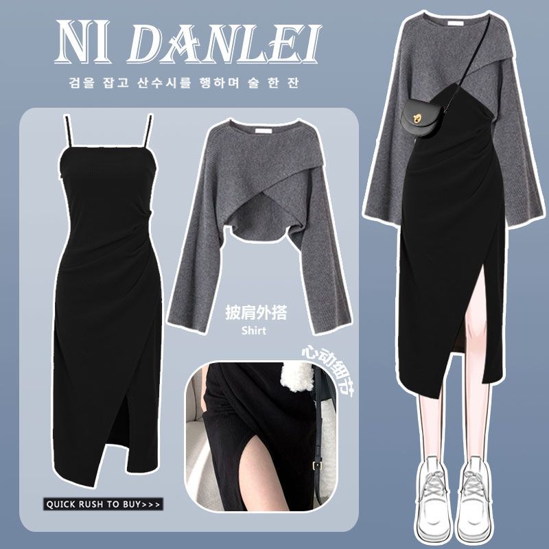 Women Dress 2 Piece Sets Strap Vintage Dresses Long Sleeve Tops Female Outfits New Spring Fall