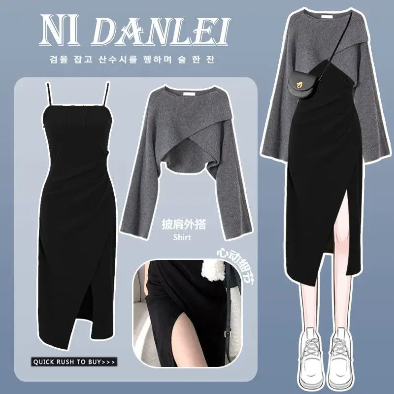 Women Dress 2 Piece Sets Strap Vintage Dresses Long Sleeve Tops Female Outfits New Spring Fall