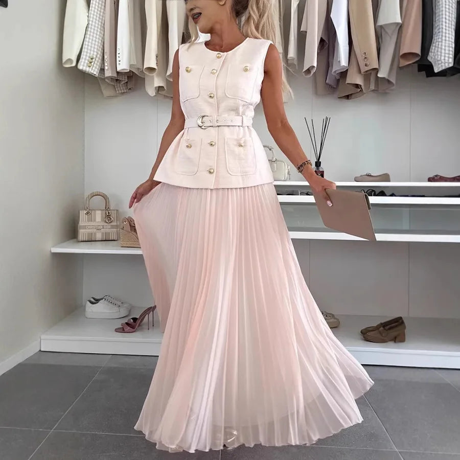 Elegant Long Dresses 2 Piece Set Women Summer Autumn Top Single Breasted Tweed Jacket A Line Chiffon Maxi Skirts Suits Outfits
