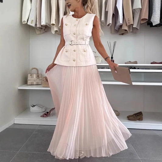 Elegant Long Dresses 2 Piece Set Women Summer Autumn Top Single Breasted Tweed Jacket A Line Chiffon Maxi Skirts Suits Outfits