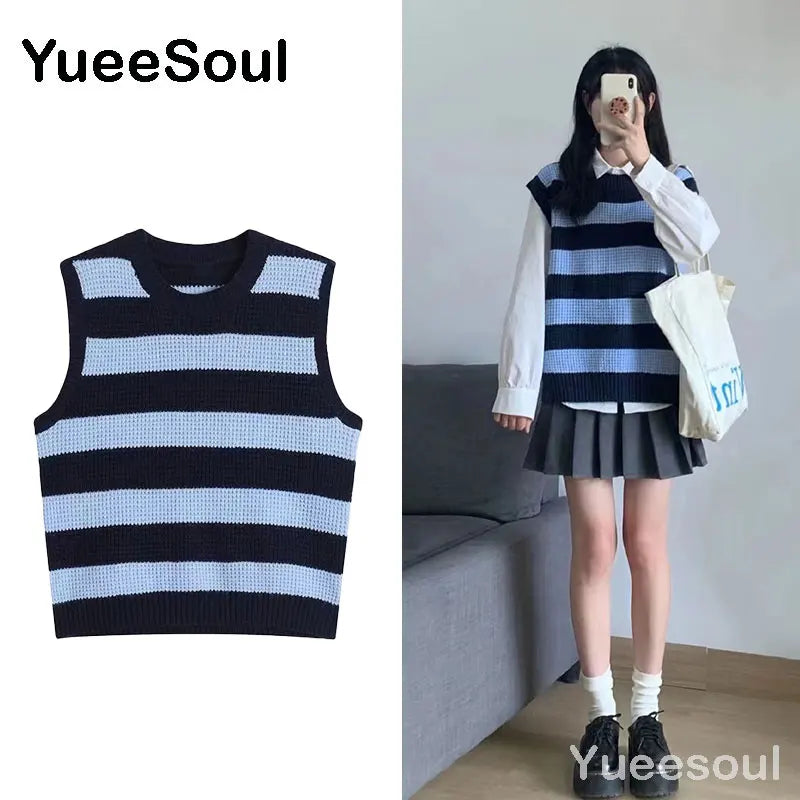 Sweet Kawaii Sweater Vest Printed Sleeveless Casual Outerwear Knitted Waistcoat 2023 Vintage Y2K Spring  E Girl Pullovers Tops