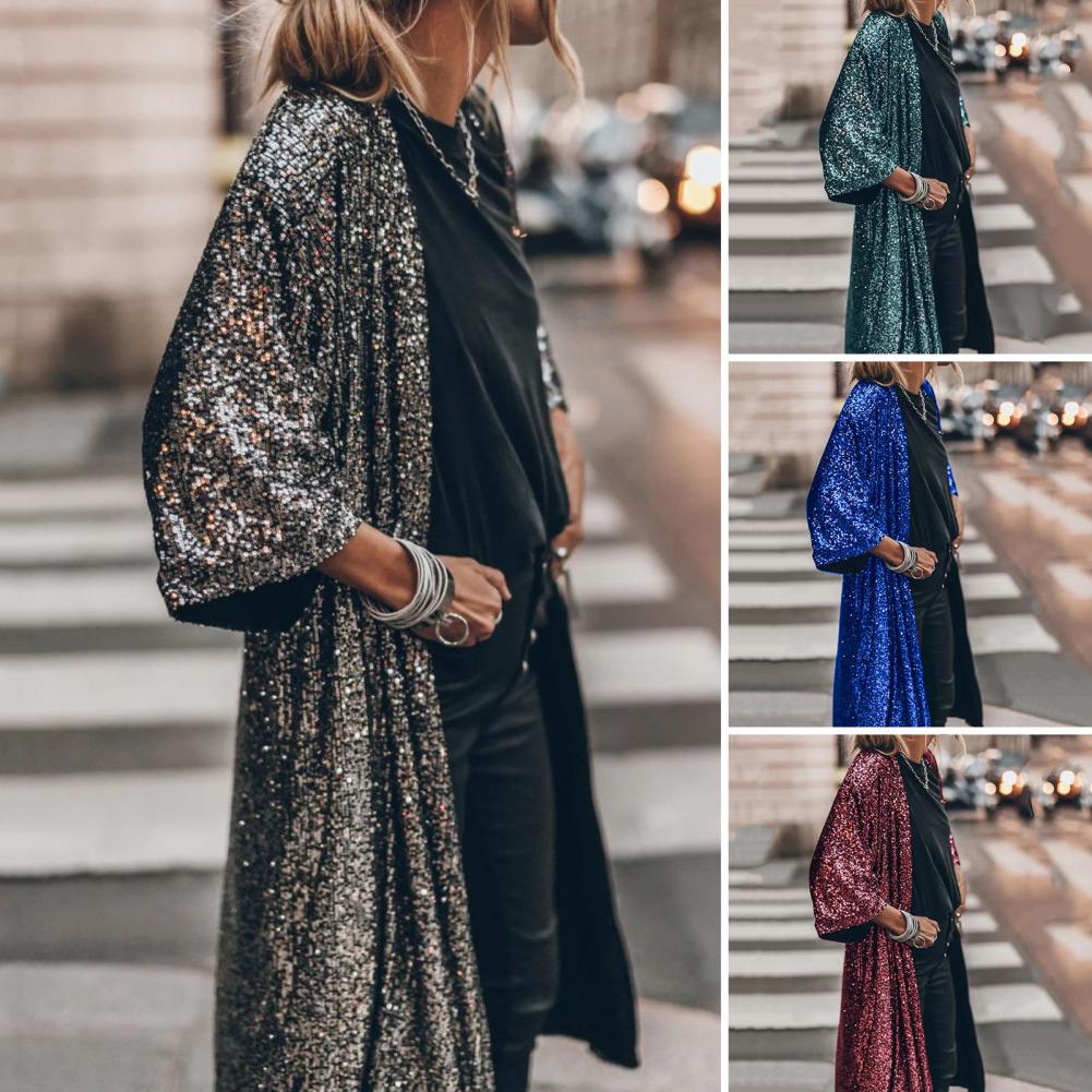 Women Coat Comfy Loose Outerwear Outwear Windproof  Stylish Shining Sequins Cardigan Jacket Top