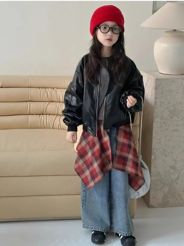 Girls' outerwear Spring and Autumn 2025 New Fashionable Outerwear Short Leather Jacket Autumn Clothing for Children