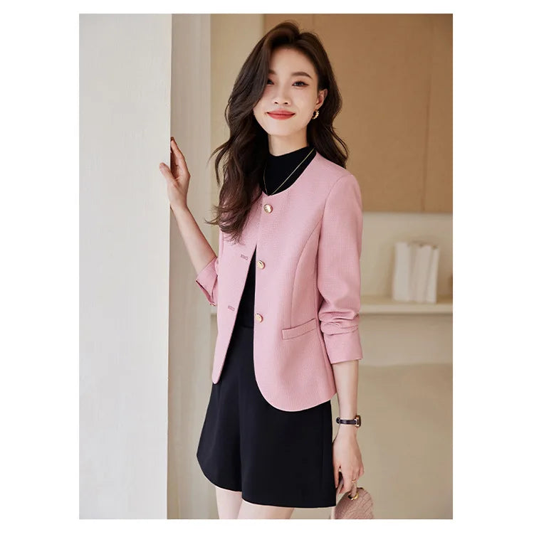 High quality blazer for women short jacket single breasted O neck spring autumn elegant office clothes pink yellow blue white