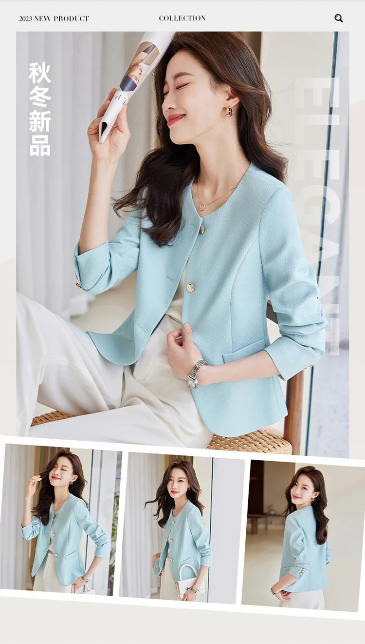 High quality blazer for women short jacket single breasted O neck spring autumn elegant office clothes pink yellow blue white