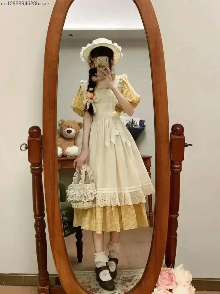 2025Spring NEW Two-piece Dress Suit French Sweet Pastoral Style Slim Square Collar Yellow Plaid Dress Women + Ruffles OuterDress