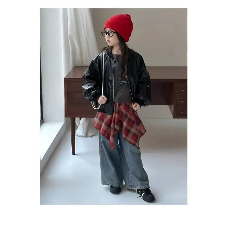 Girls' outerwear Spring and Autumn 2025 New Fashionable Outerwear Short Leather Jacket Autumn Clothing for Children