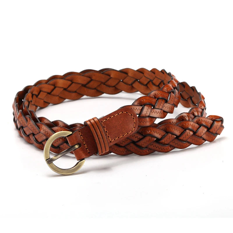 Women Leather Belt Waist Bands with Round Gold Buckle Braided Dress Belt Casual Thin Belt For Student Ladies Clothes Accessories
