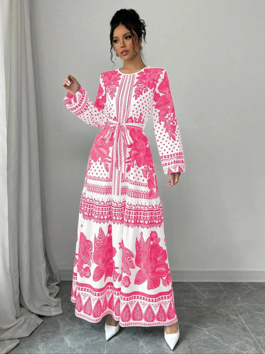 Women's Floral Print Belted Dress, Elegant Fashion Casual Long Sleeve Dress for Daily Outdoor Wear, Women Dress for Summer