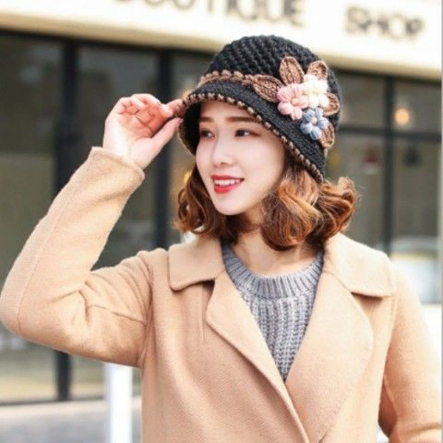 Knitted Hat Women's Autumn And Winter Wool Hat Classic Winter Women's Hat Flower Fleece-lined Bucket Hat Mother Warm Winter Hat