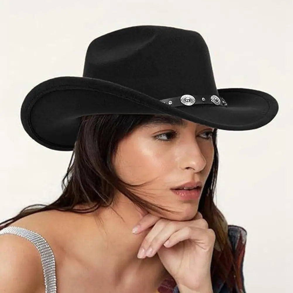 Felt Cowboy Hat for Women Men Rolled Wide Brim Cowboy Hats Western Hat with Buckle Belt Cowboy Cowgirl Hat