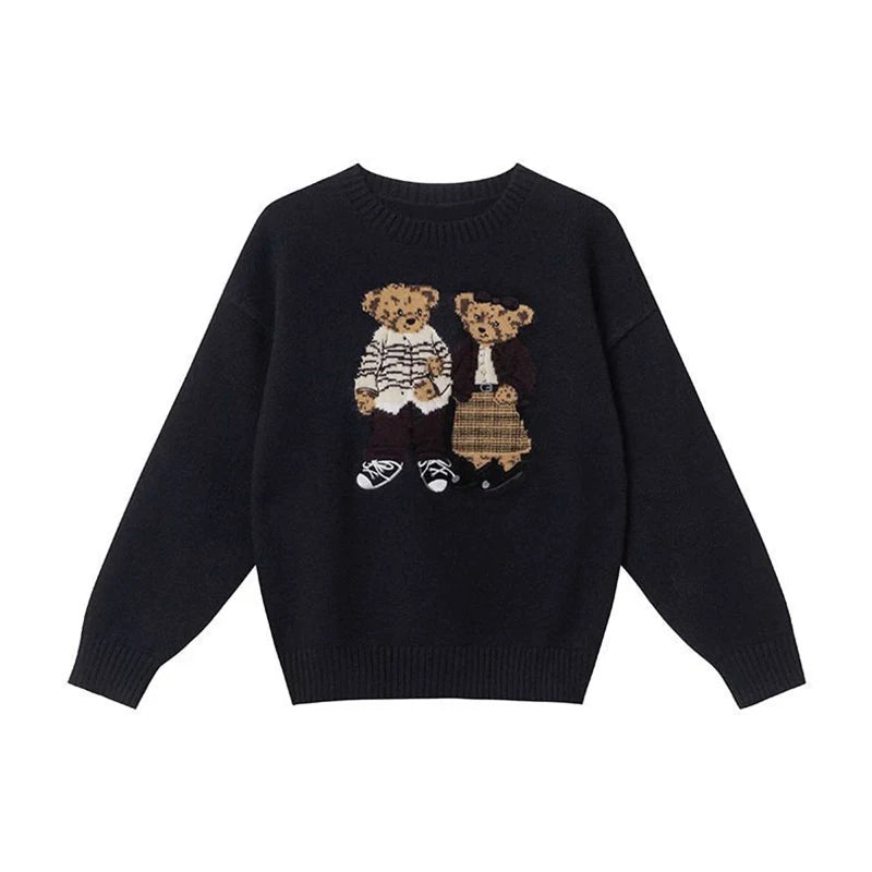 Sweater cartoon small bag core yarn needle retro women's  loose round neck knitted sweater new print black