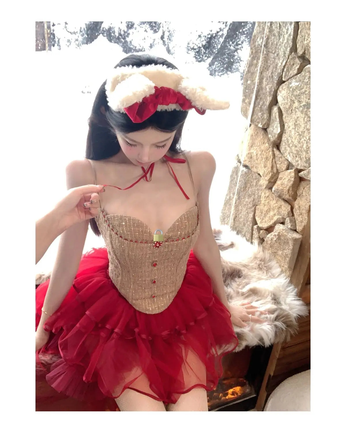 Elegant Women Two Piece Outfit Red Corset Crop Top Tulle Mini Skirt Slim Fit Sexy Summer Party Clubwear Chic Stylish Look 2025