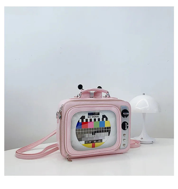 Cartoon Cute Handbags for Women Funny Retro TV Transparent Square Bag Fashion Leather Personalized Creative Shoulder Bag Woman