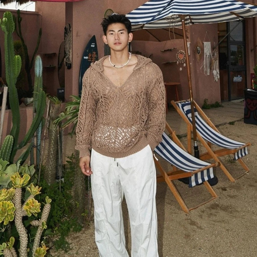 Men Sweater Knitted Hollow Out Sexy Hooded Hoodie Pullover Streetwear Long Sleeve Tops Spring Autumn Coat Man Clothes Trendy New