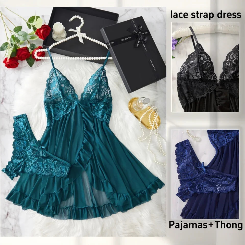 Women Nightdress Sexy Lace Chemise Bow Nightgown Sleepwear Solid Slim Soft Dresses V Neck Full Slip Sleepwear & Dresses