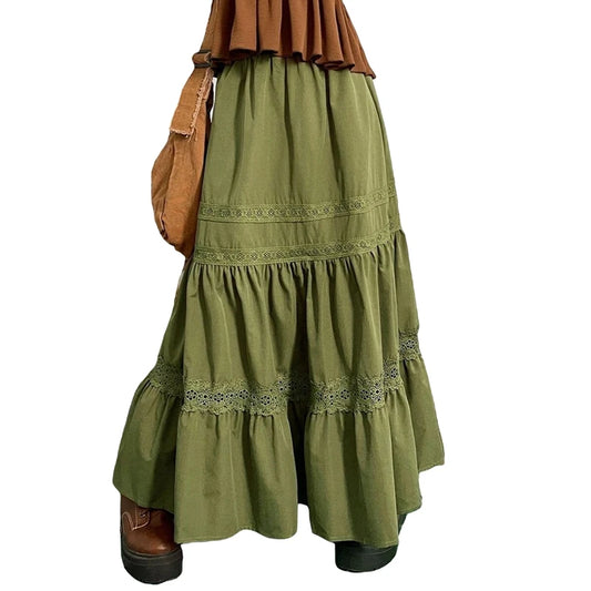 Skirts For Woman Green Pleated Skirts Korean Fashion Holiday Boho Waist Long Skirts Retro Y2K Fairycore Cute Lace Trim Clothes