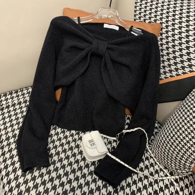 Sweater Suit for Women Two-piece 2025 Autumn New Suspender Vest Bow Long Sleeve Short Top