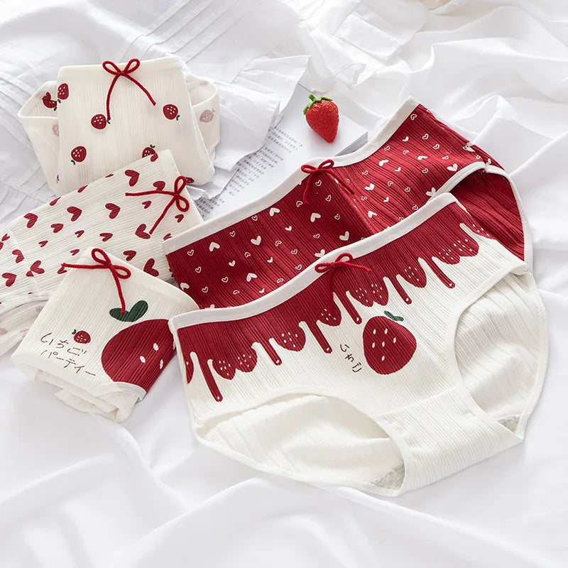 Cotton Panties Female Underpants Sexy Women Underwear Soft Lingerie Lace Up Briefs Strawberry Hearted Printed Pantys