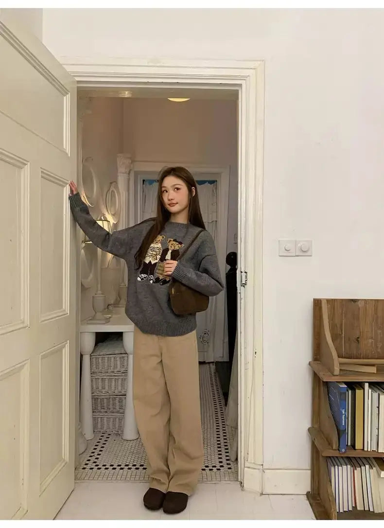 Sweater cartoon small bag core yarn needle retro women's  loose round neck knitted sweater new print black