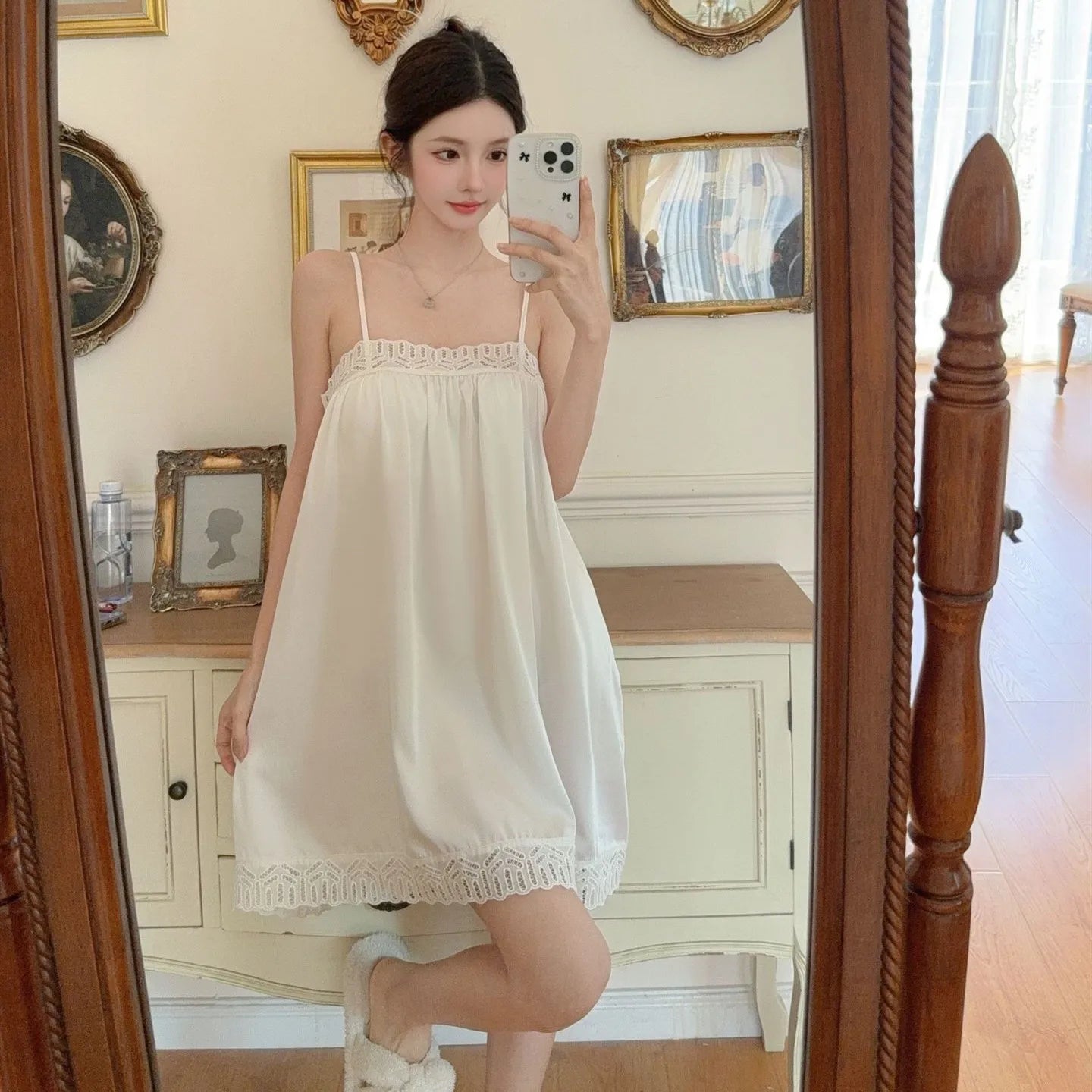Sexy Nightie Woman Lace Trim Nightdress High Quality Satin Sleepwear Solid Color Soft Home Dress Female Silk Nightgown