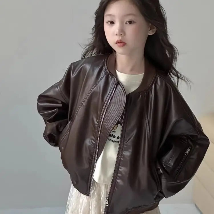 Girls' outerwear Spring and Autumn 2025 New Fashionable Outerwear Short Leather Jacket Autumn Clothing for Children