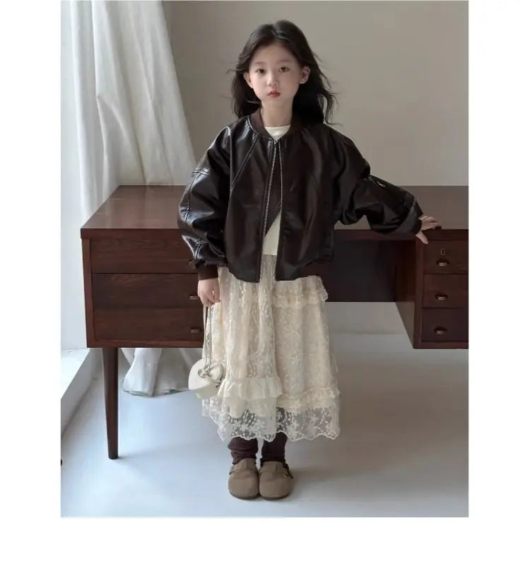 Girls' outerwear Spring and Autumn 2025 New Fashionable Outerwear Short Leather Jacket Autumn Clothing for Children