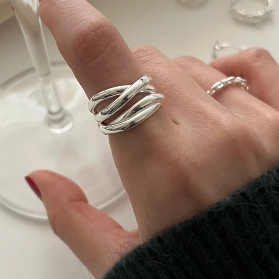 925 Sterling Rings for Women Fashion Geometric Handmade Irregular Interware Gold Ring Party Christmas Gift