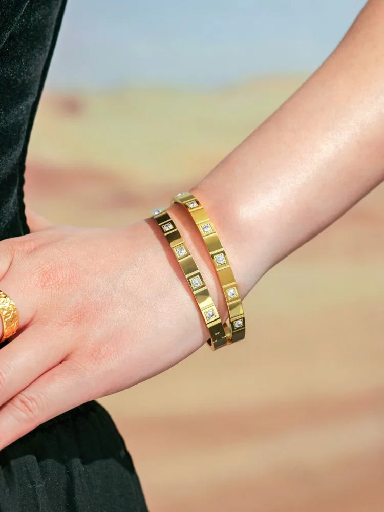 Stainless Steel Bracelet Bangle For Women Men 18k Gold Plated Inlaid Shiny Zircon Openable Unisex Bracelets Bangles Couples Gift