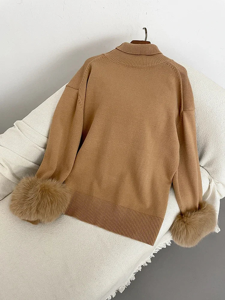 Sweater Women 2024 Autumn Winter Fashionable Sweaters with Real Fox Fur Sleeves Slim Fit Sweaters Fur Knitwear England Style