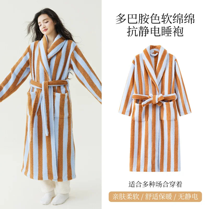 2025 New Autumn/Winter Women's Sleepwear Thick Velvet Warm Robe Couple Coral Velvet Striped Lengthed Home Clothes Bathrobe