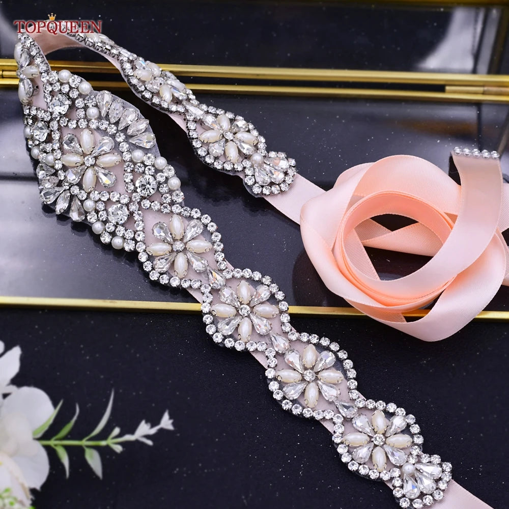 TOPQUEEN Bridal Belts Bling Wedding Women Jewelry Silver Rhinestone Pearl Crystal Sparkly Party Formal Dress Diamond Sash S161