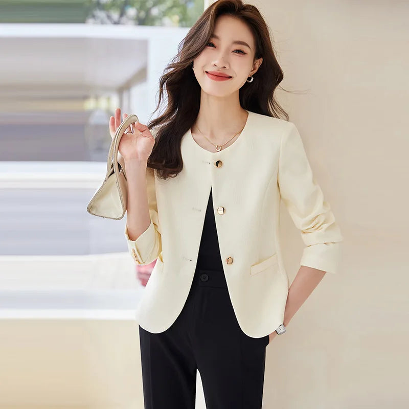 High quality blazer for women short jacket single breasted O neck spring autumn elegant office clothes pink yellow blue white