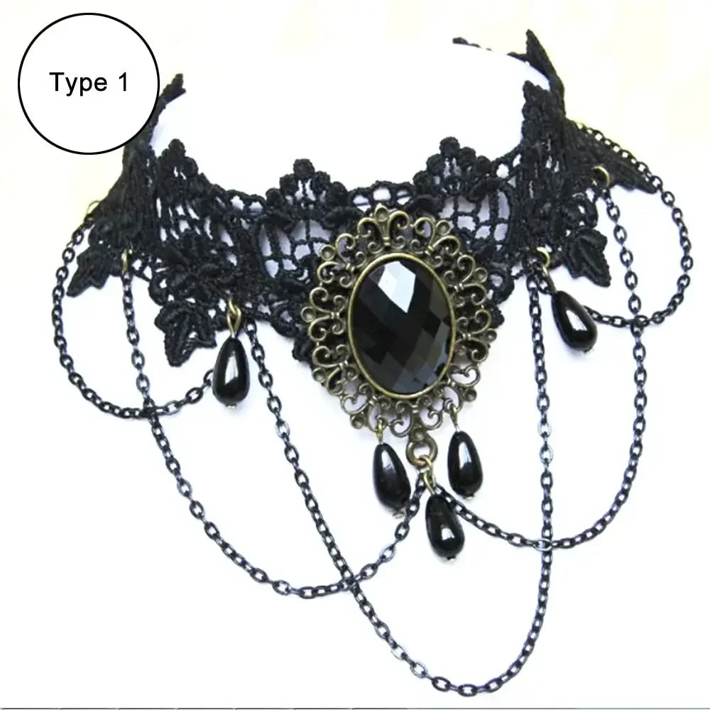 Sexy Black Lace Necklace Vintage Gothic Necklace Steampunk Style Beads Pendant Exquisite Women Choker Fashion Jewelry